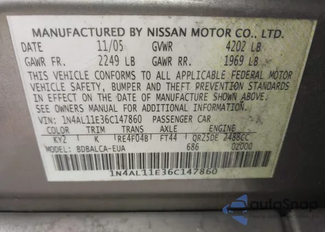 2006 Nissan Altima 2.5 S from USA, damaged, VIN 1N4AL11E36C147860